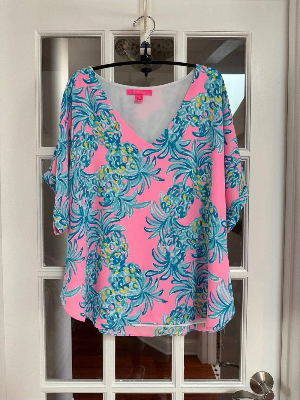 Lilly Pulitzer Pink Tropical Pineapple V-Neck Blouse - Picture 1 of 6